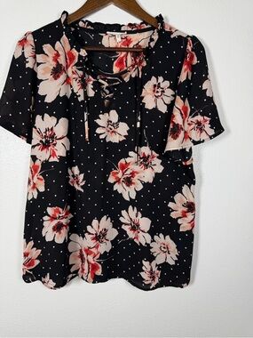 Maurices Black Floral Lace-Up Flutter Sleeve Blouse